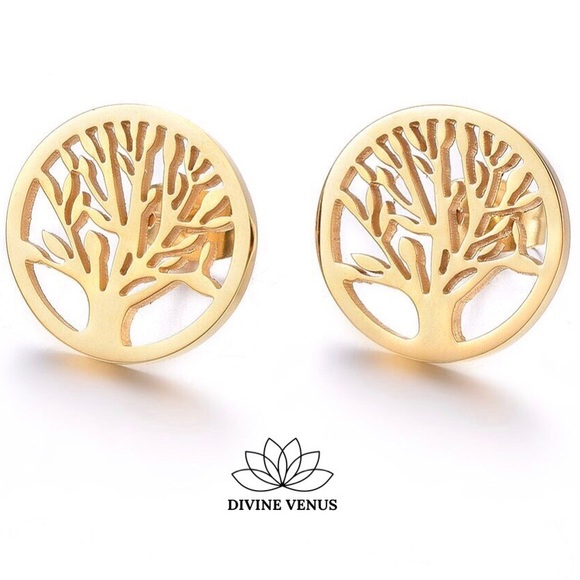 Tree of Life Earrings Gold Plated Stainless Steel - Picture 2 of 5